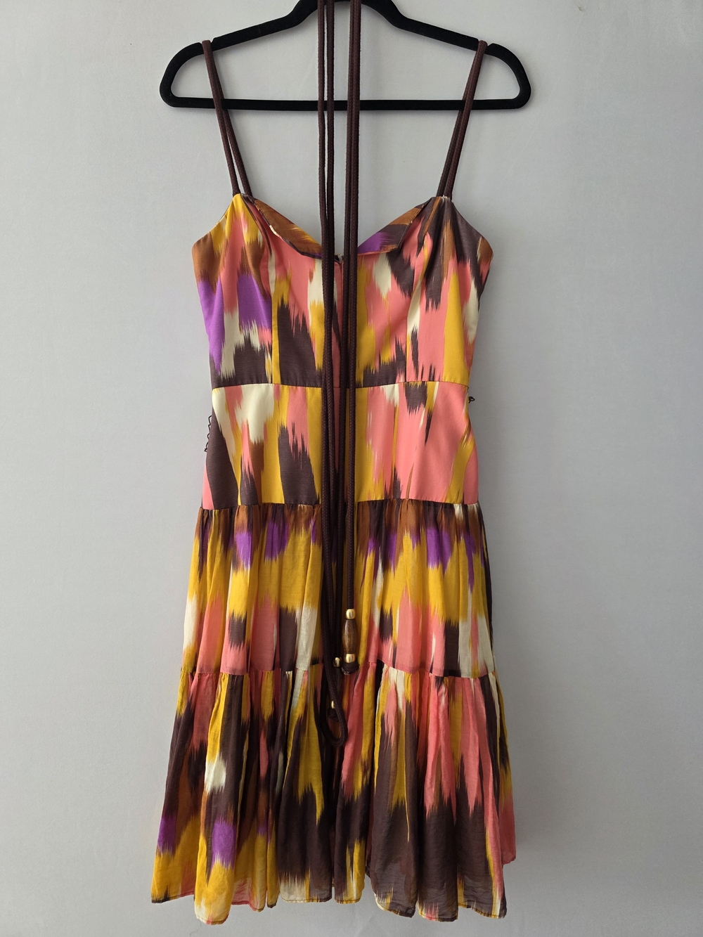 Milly Multicolor Ikat-Print Tiered Mini Dress in Pink, Yellow & Brown